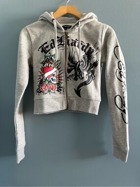 Ed Hardy Cropped Full-Zip Grey Hoodie